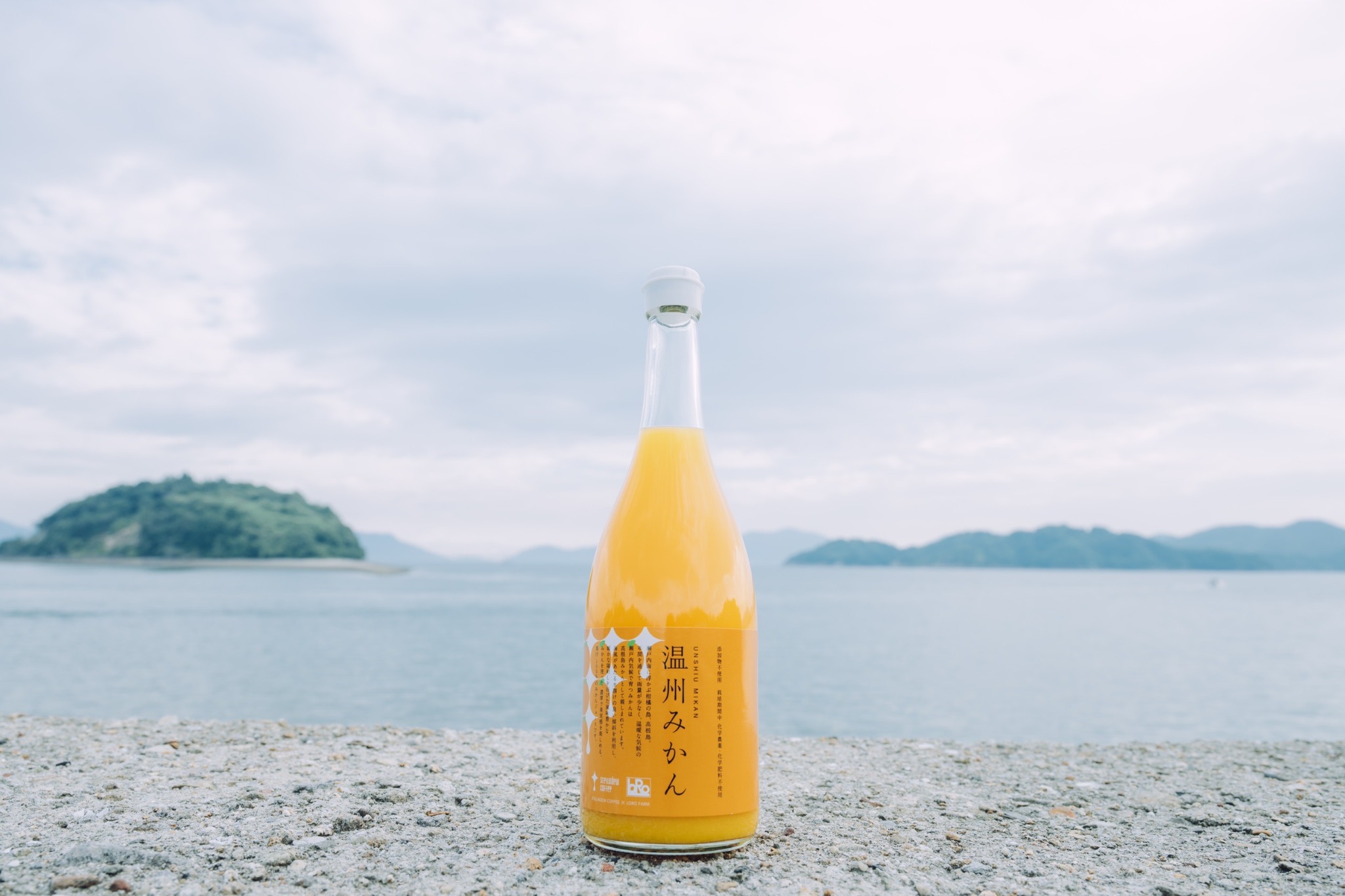 海を背景にしたstelladew coffeeの温州みかんジュース